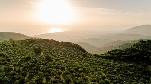 a view of a hillside with the sun in the background at Perivolakia Panorama House in Perivolákia