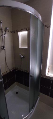 W łazience znajduje się prysznic ze szklanymi drzwiami. w obiekcie Dom Stefany w mieście Spiskie Podgrodzie