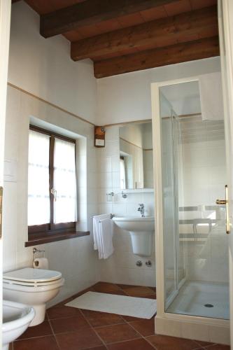 a bathroom with a toilet and a sink and a shower at Cascina Delle Rose in Barbaresco