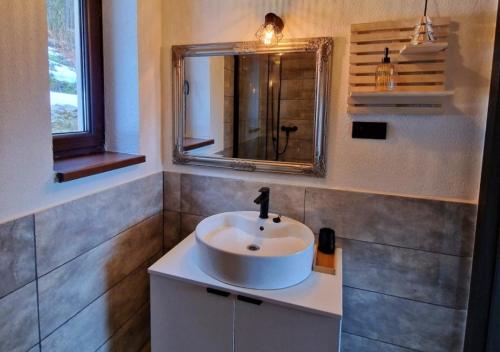 W łazience znajduje się umywalka i lustro. w obiekcie BALABO Kuča w mieście Horná Lehota