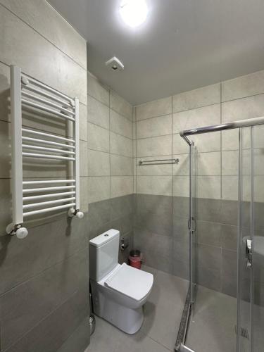 a bathroom with a toilet and a shower at Majestic in Kobuleti