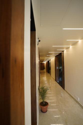 a hallway with a potted plant in a building at DrizzleDrop Inn Chennai in Chennai