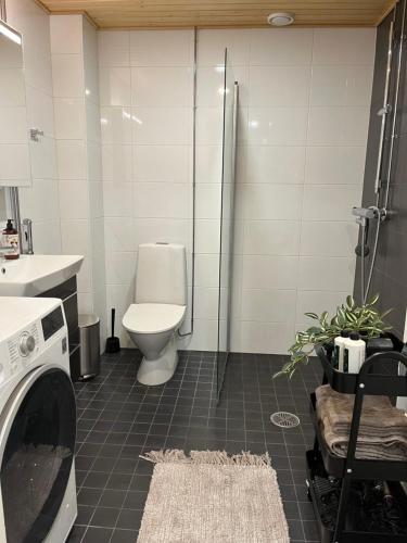 La salle de bains est pourvue de toilettes et d'une douche en verre. dans l'établissement Studio VIP - close to airport and Tikkurila train station, à Vantaa