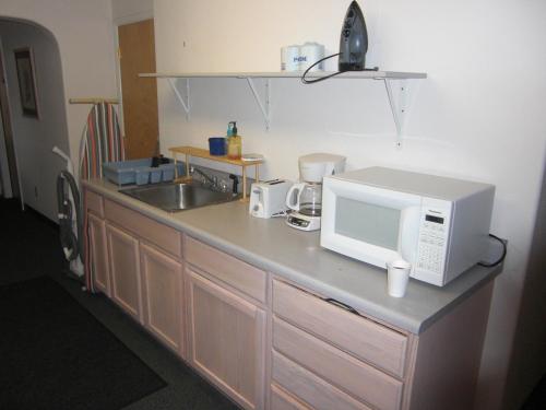 a kitchen counter with a microwave and a sink at Borealis Inn in Fairbanks
