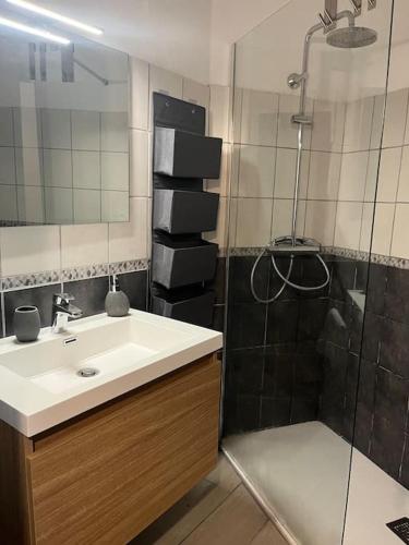 une salle de bain avec un lavabo et une douche dans l'établissement Appartement T2 de 30m2, Grande Terrasse, Résidence Soleil Marin, à Collioure