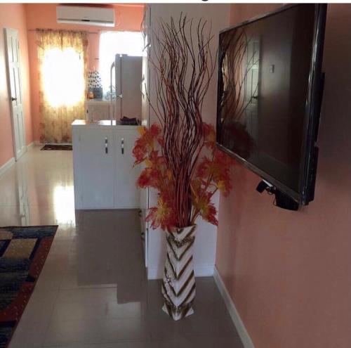 a vase with flowers in a room with a tv at SherNette Nest. in San Juan