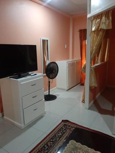 a living room with a flat screen tv and a fan at SherNette Nest. in San Juan