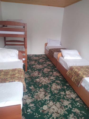 a room with three beds and a green carpet at ISKANDARKUL guest house in Kanchoch
