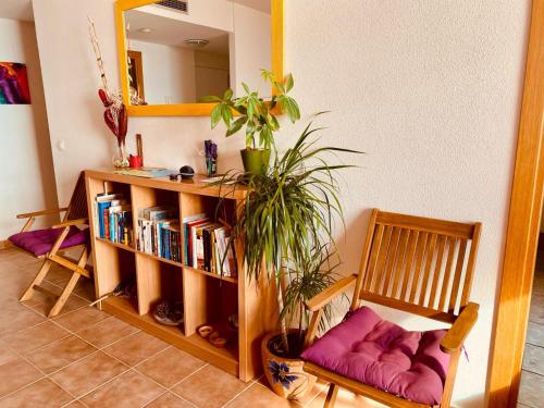 une chambre avec une étagère, une chaise et une plante dans l'établissement Precioso ático en la Sierra de Irta, à Alcossebre