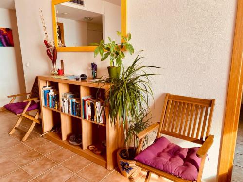 Zimmer mit Bücherregal, Stuhl und Pflanze in der Unterkunft Precioso ático en la Sierra de Irta in Alcossebre