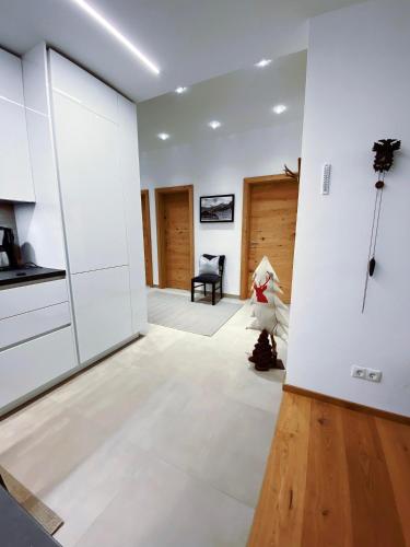 a kitchen with white cabinets and a wooden floor at s'pölven NEST in Bad Häring