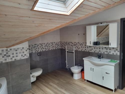 a bathroom with a sink and a toilet and a skylight at apartma jermol in Most na Soči