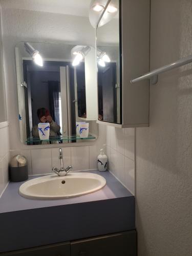 - un lavabo dans la salle de bains avec une personne prenant une photo dans le miroir dans l'établissement Confortable maison dans résidence avec piscine, 100 m de la plage, à Valras-Plage