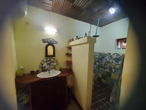 ein Bad mit einem Waschbecken im Zimmer in der Unterkunft villa vanille in Tôlagnaro