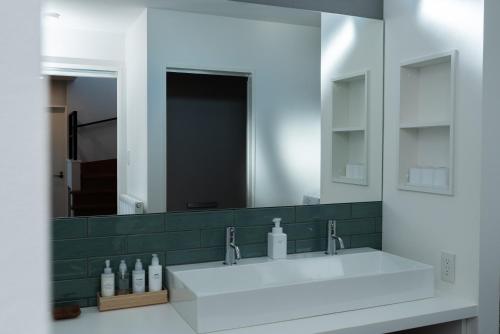 a bathroom with a white sink and a mirror at BuenaVistaTokachi_碧 