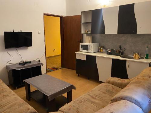 a living room with a couch and a kitchen at Guest house Vukovic in Podgorica
