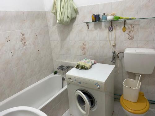 ein Badezimmer mit einem WC und einer Waschmaschine in der Unterkunft casa Sao bras Alportel Miguel in São Brás de Alportel