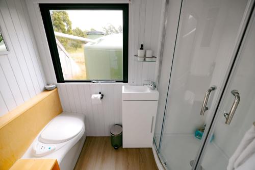 a small bathroom with a toilet and a window at Rimu View 1 in Hokitika