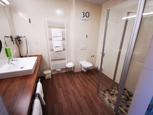 Wander- & Wellnesshotel Nägele في هوتشنشوند: حمام مع دش ومغسلة ومرحاض