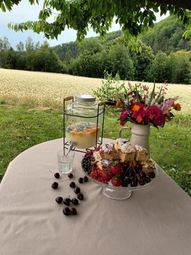a table with a plate of food and a bowl of fruit at Kulibaba in Bystrzyca Kłodzka