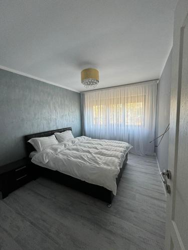 a bedroom with a bed and a window at David Apartament’s in Buzău