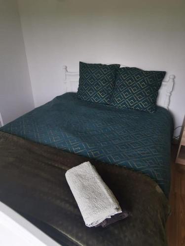 a bed with a green comforter and two pillows at La grange de Pierrot in Saint-Bazile