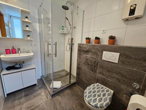 ミュルハイム・アン・デア・ルールにあるFerienwohnung Mülheim Heißen mit großem Balkonのシャワーと洗面台付きのバスルーム