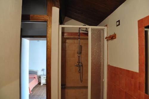 a shower with a glass door in a bathroom at Le Macchie in Calopezzati