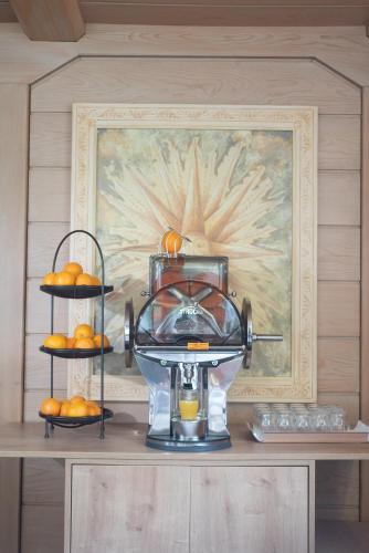a food processor on a shelf with oranges on at Hotel Reindl Suiten & Appartments in Bad Füssing