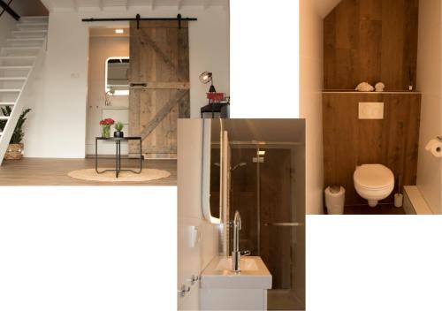 dwa obrazy łazienki z toaletą i prysznicem w obiekcie BnB Purmerland w mieście Purmerend