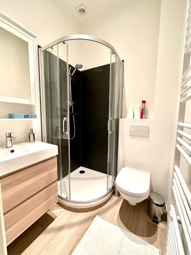 a bathroom with a shower and a toilet at My Haus European Commision in Brussels