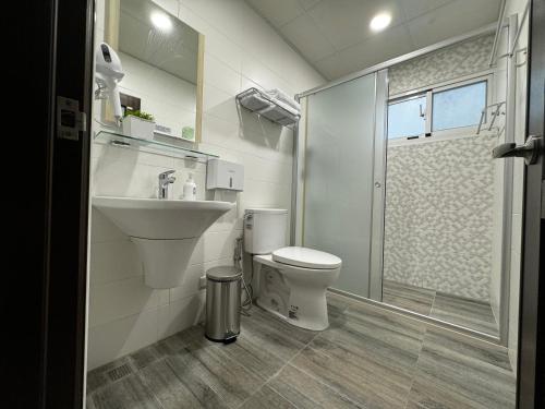 ein Bad mit einem WC, einem Waschbecken und einer Dusche in der Unterkunft 澄靛民宿 in Taitung