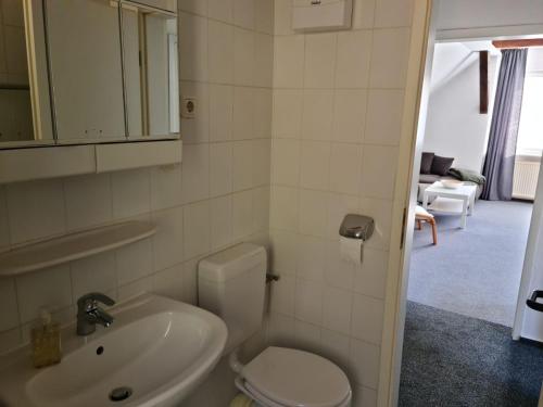 a bathroom with a toilet and a sink at Ferienwohnung Prälank direkt am See in Neustrelitz