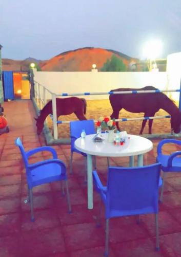 a table and chairs and two horses on a patio at منتجع واسطبل نسيم الغولاء in Al Ghūlah