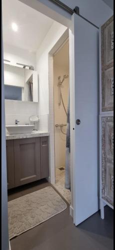 a bathroom with a sink and a shower at Belle chambre privée avec douche et toilette indépendantes dans une magnifique villa in Andernos-les-Bains