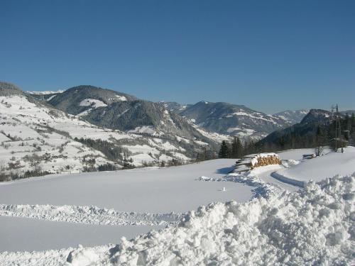 a view of a snow covered mountain with a river at Sauschneid Hof in Taxenbach