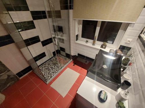 an overhead view of a bathroom with a shower at VilaRita in Nida