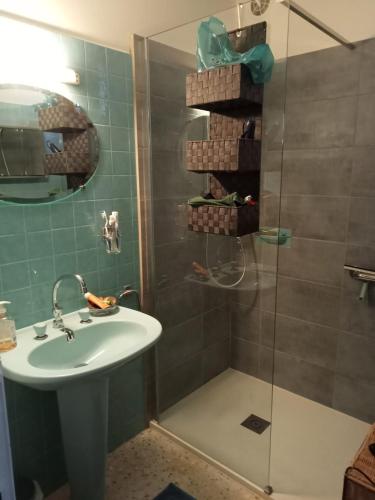 une salle de bain avec un lavabo et une douche dans l'établissement Le gîte du colombier, aux Vans