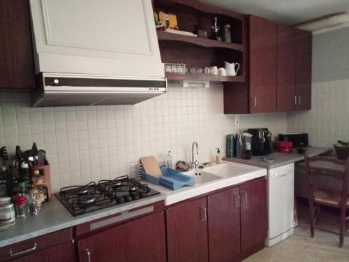 une cuisine avec un évier et une cuisinière four supérieur dans l'établissement Le gîte du colombier, aux Vans