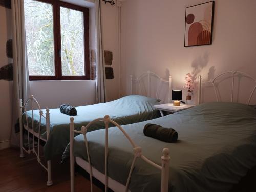2 łóżka pojedyncze w pokoju z oknem w obiekcie Moulin de Sansonneche - Gite Laine 