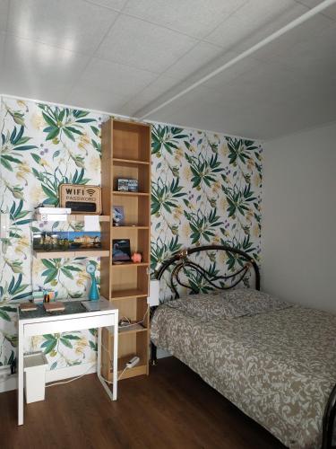 une chambre avec un lit et une étagère dans l'établissement Grand studio idéalement situé, à Chambray-lès-Tours