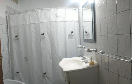 baño con cortina de ducha blanca y lavamanos en Alojamiento Boj en Deán Funes
