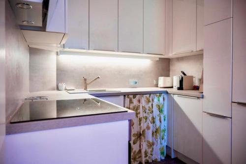 una cocina con armarios blancos y fregadero en Steyr City Apartment mit 2 Schlafzimmer, en Steyr