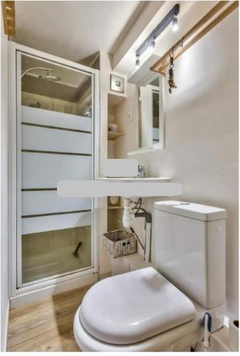 une salle de bain blanche avec des toilettes et un lavabo dans l'établissement Coquet studio Bordeaux proche tram et Quais, à Bordeaux