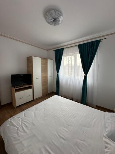 a bedroom with a large white bed and a television at Apartament Pruneanu in Câmpia Turzii