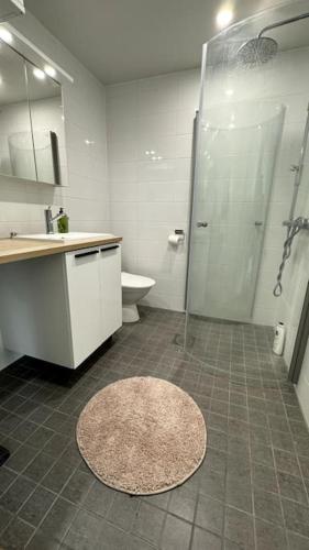 a bathroom with a shower and a sink and a toilet at 2 Bedroom Rose Charm - by University in Kokkola