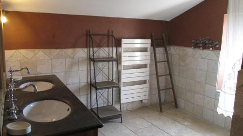 un baño con lavabo y estanterías. en Clos de Raveyron, en Vallon-Pont-dʼArc