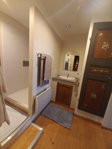 La salle de bains est pourvue d'une douche, d'un lavabo et d'une porte. dans l'établissement Les volets bleus, à Monflanquin