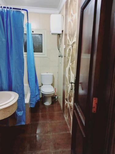 baño con aseo y lavamanos con cortina de ducha azul en Pyramids veiw en ‘Ezbet `Abd el-Ḥamîd