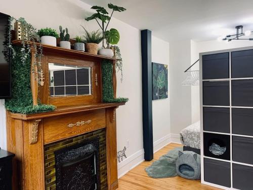 uma sala de estar com lareira e espelho em Ultimate Pet-friendly Studio #1, Patio em Halifax